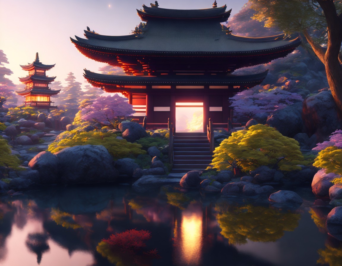 Tranquil Japanese garden with pagodas, cherry blossoms, and reflecting pond