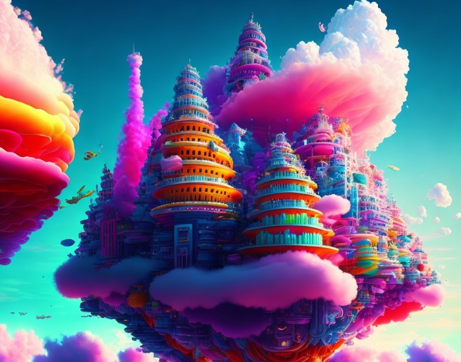 Colorful surreal artwork: Multicolored pagoda buildings in clouds