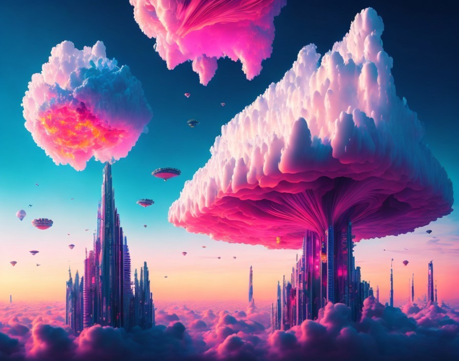 Fantasy landscape with towering mushroom-like structures and floating islands.
