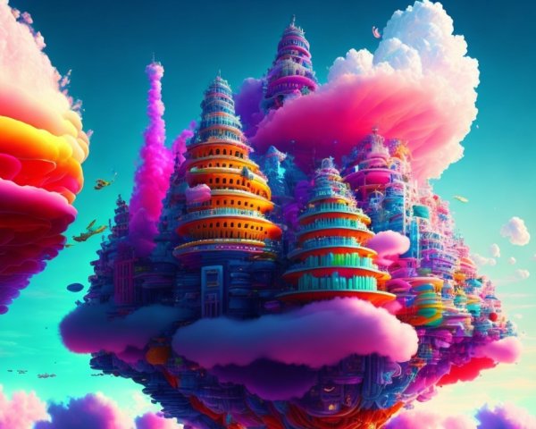 Colorful surreal artwork: Multicolored pagoda buildings in clouds