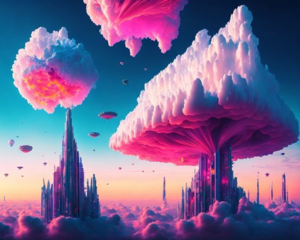 Fantasy landscape with towering mushroom-like structures and floating islands.