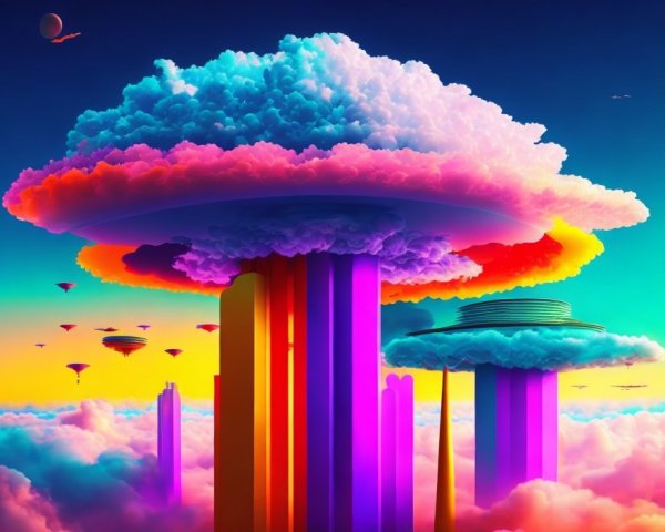Colorful digital art: colossal cloud formations, UFOs, and floating islands in sunset sky