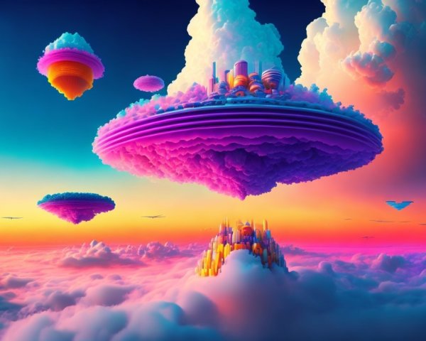 Vibrant sunset sky over futuristic floating islands amid clouds