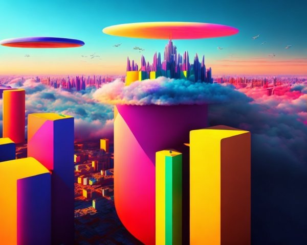Colorful skyscrapers in futuristic cityscape under orange sky