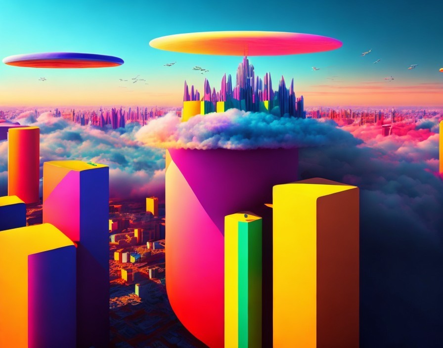 Colorful skyscrapers in futuristic cityscape under orange sky