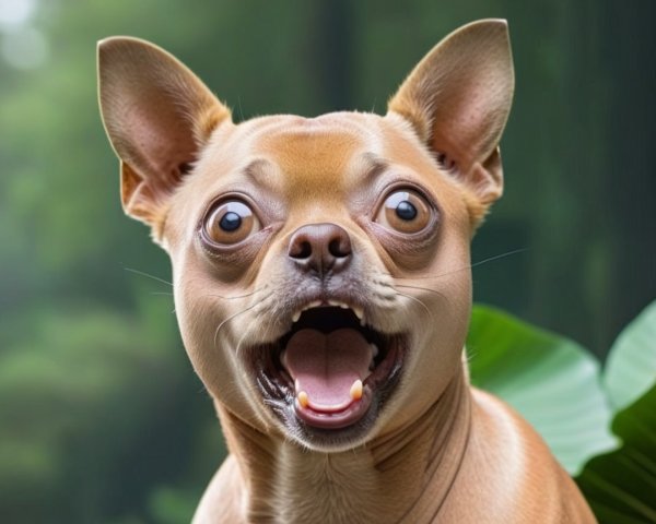 Close-up of an expressive light brown dog in nature