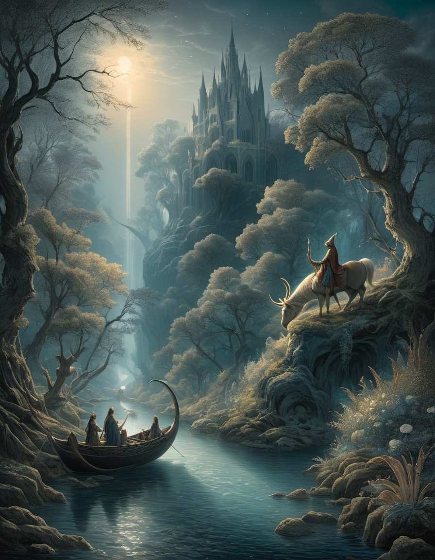 Mystical Scene with Horse, Boat, Forest, and Castle