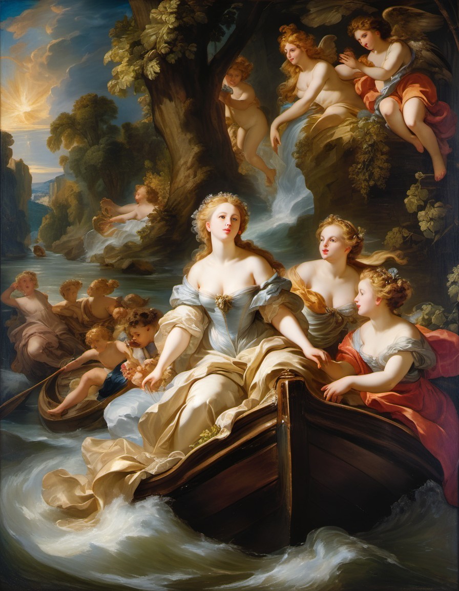 Elegant woman in flowing dress on a boat in woodland