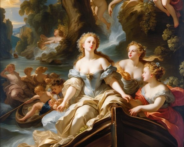 Elegant woman in flowing dress on a boat in woodland