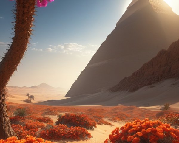 Surreal desert landscape with vibrant flowers, traveler, palm tree, and glowing pyramid
