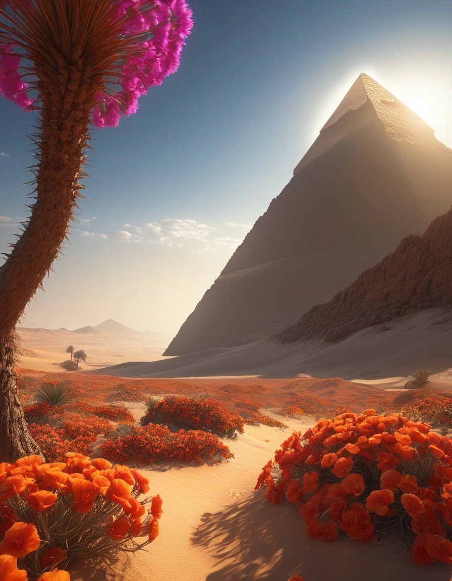 Surreal desert landscape with vibrant flowers, traveler, palm tree, and glowing pyramid