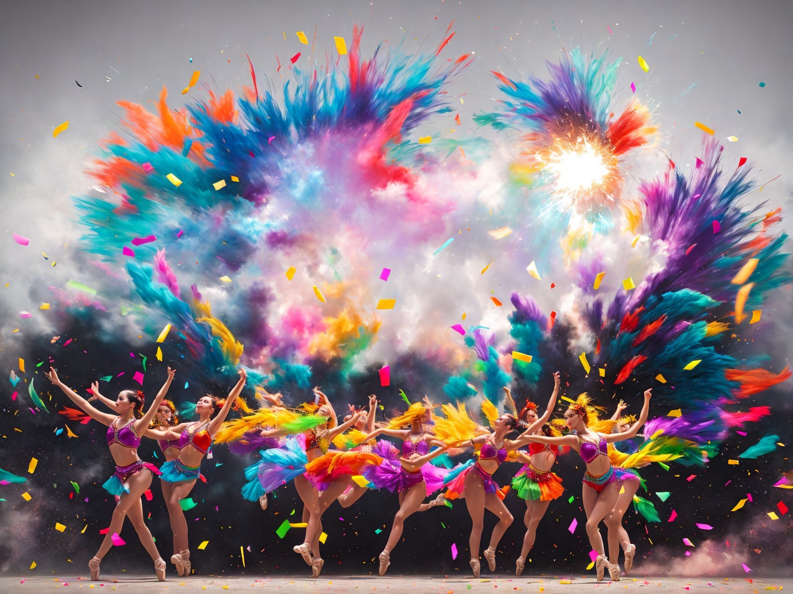 Vibrant dancers in colorful skirts celebrate with powder and confetti under bright sky