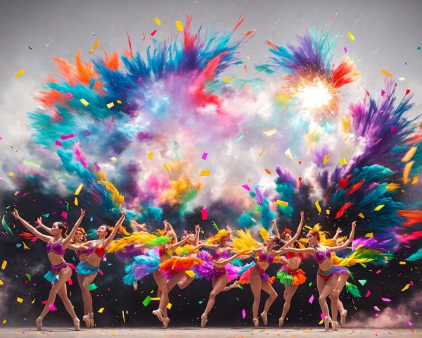 Vibrant dancers in colorful skirts celebrate with powder and confetti under bright sky