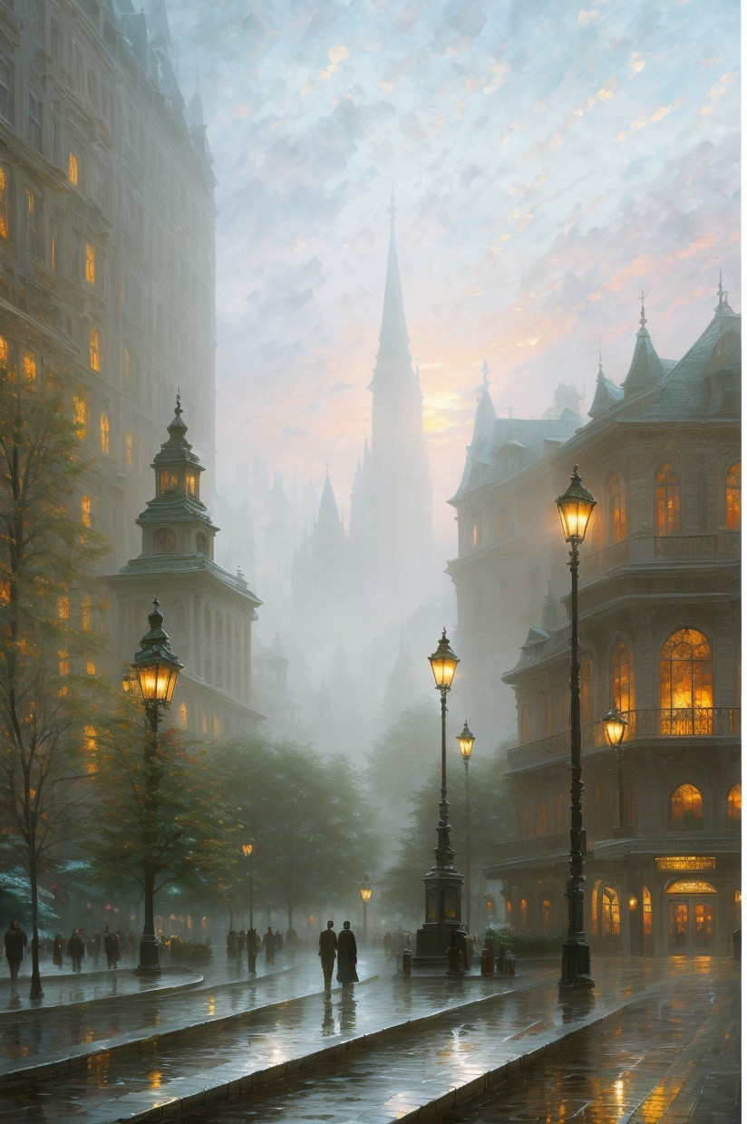 Misty Evening with Glowing Street Lamps and Illuminated Buildings