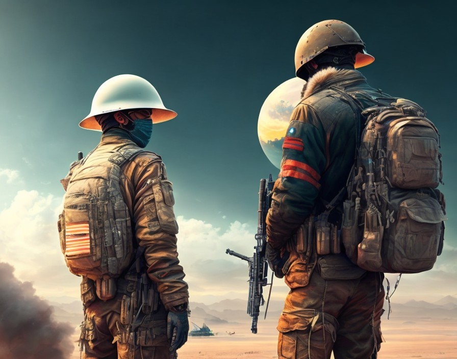 Astronauts on barren planet with large moon in distance
