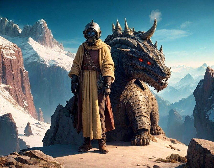 Person in Gas Mask with Dragon in Snowy Mountains