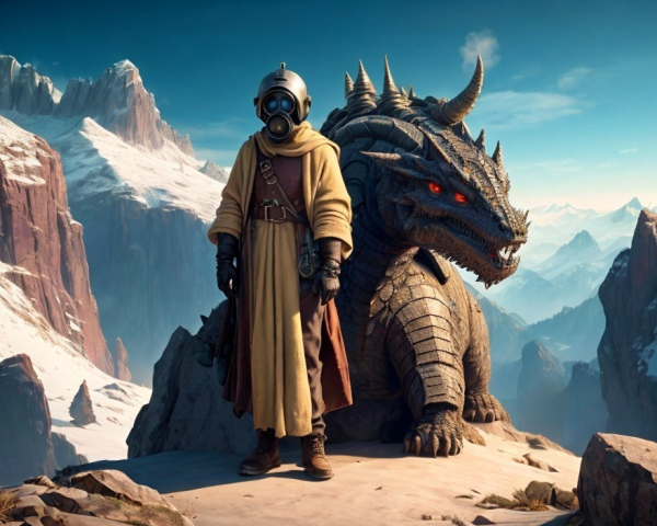 Person in Gas Mask with Dragon in Snowy Mountains