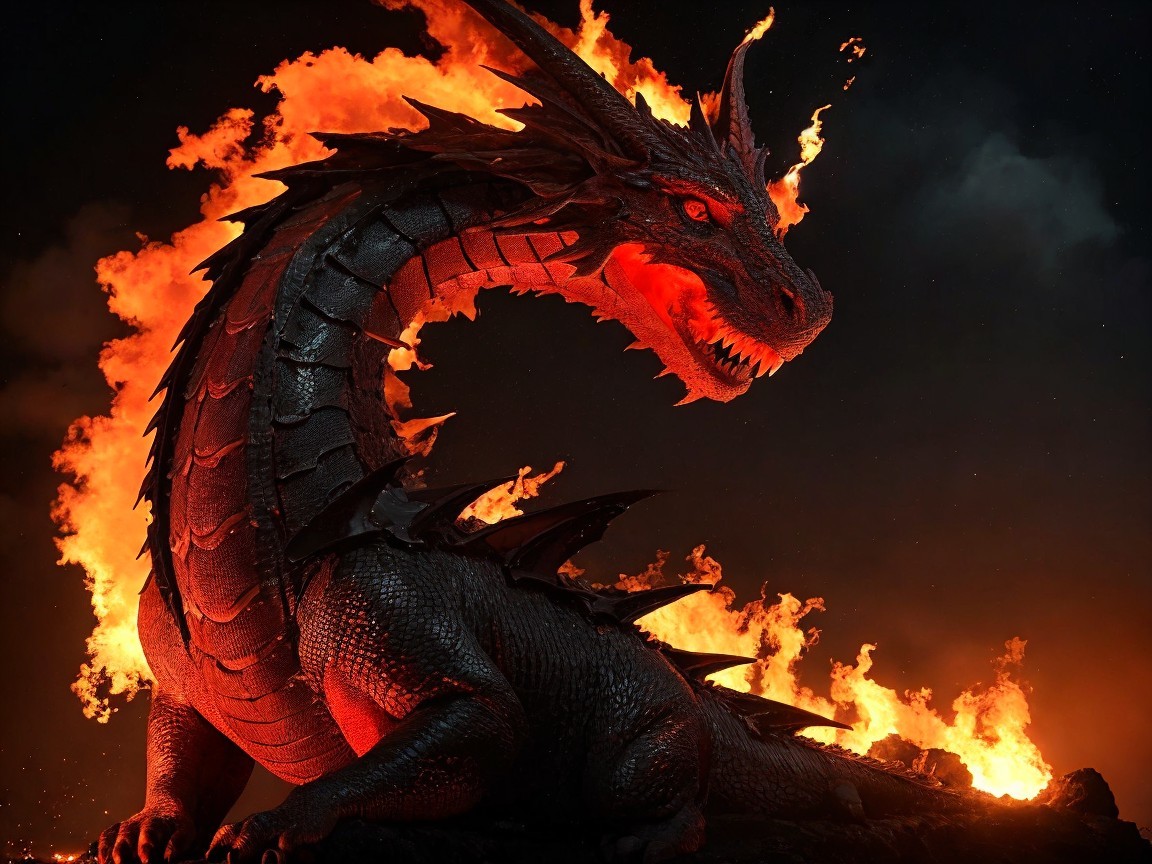 Majestic Black Dragon Surrounded by Fiery Flames