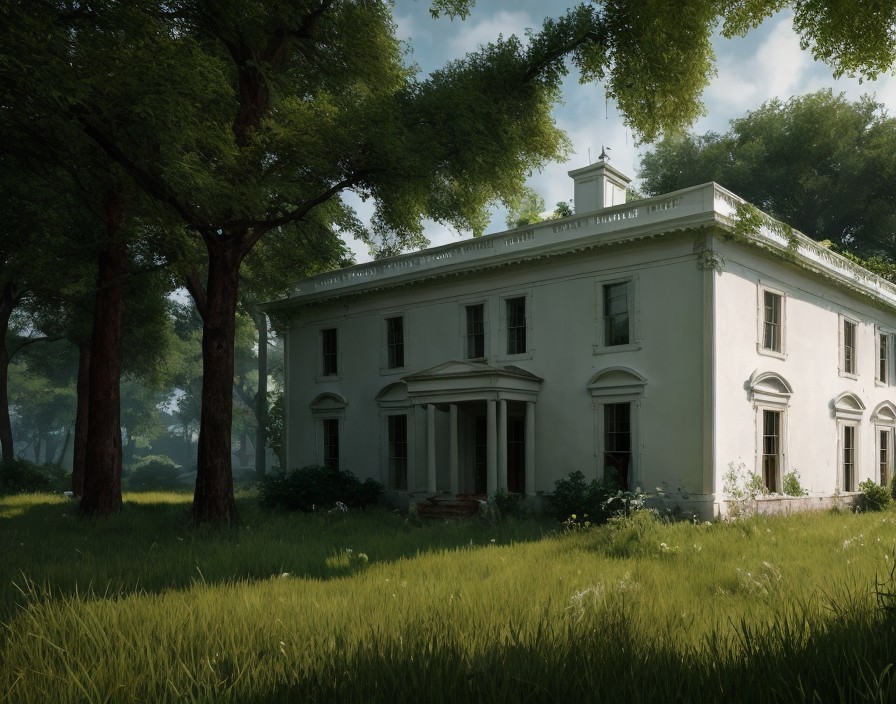 White mansion in lush green surroundings under soft sunlight