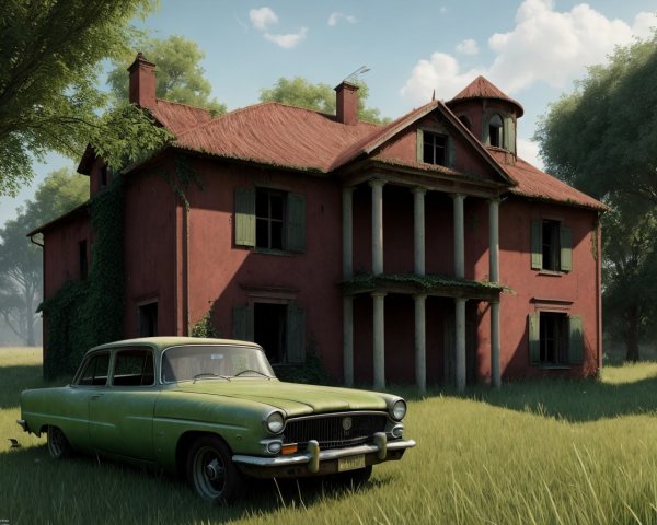 Abandoned two-story red house with old green car in rural setting