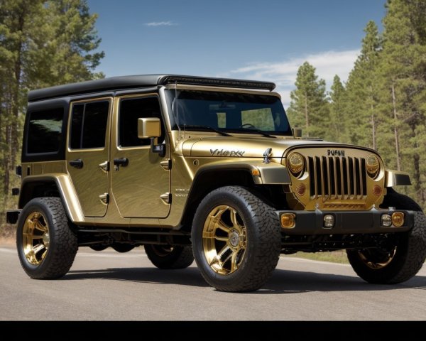 Luxurious Gold-Painted SUV with Chrome Accents and Black Trim in Pine Tree Setting