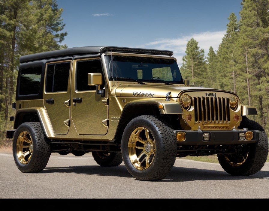 Luxurious Gold-Painted SUV with Chrome Accents and Black Trim in Pine Tree Setting