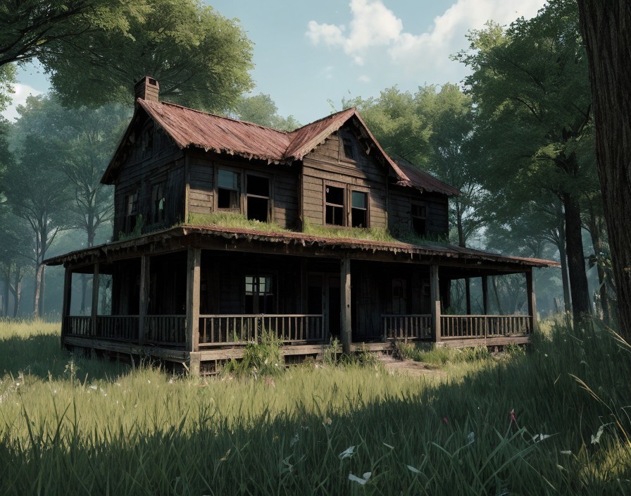 Decaying two-story wooden house in forest setting