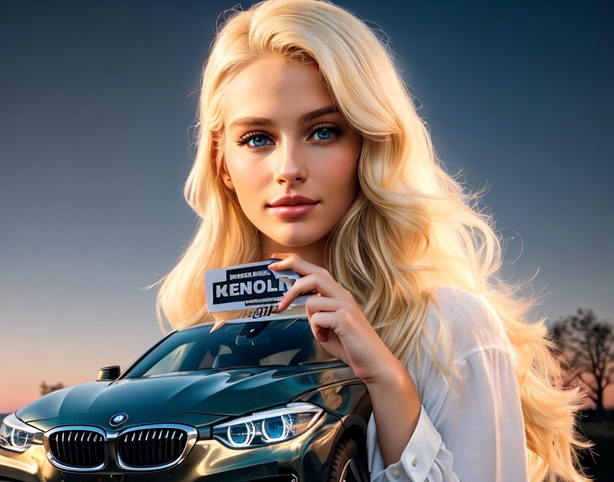 Blonde Woman with Blue Eyes Holding License Plate by BMW at Sunset