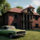 Abandoned two-story red house with old green car in rural setting
