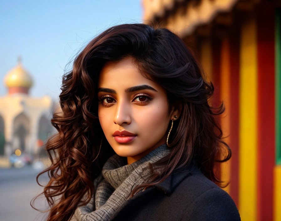 Wavy-haired woman with subtle makeup in urban golden hour setting