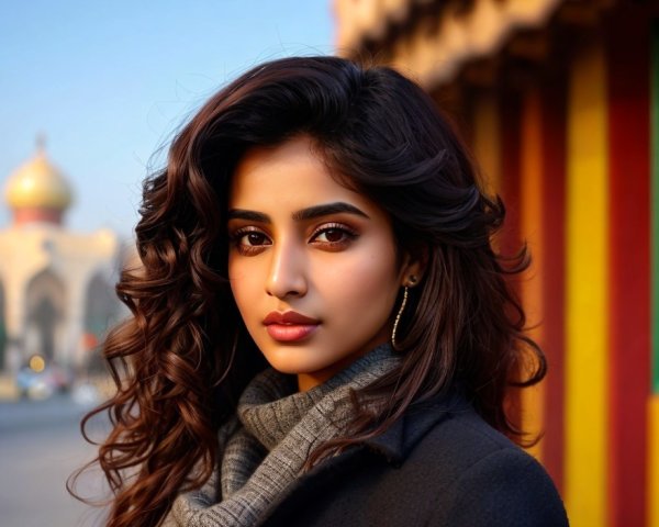 Wavy-haired woman with subtle makeup in urban golden hour setting