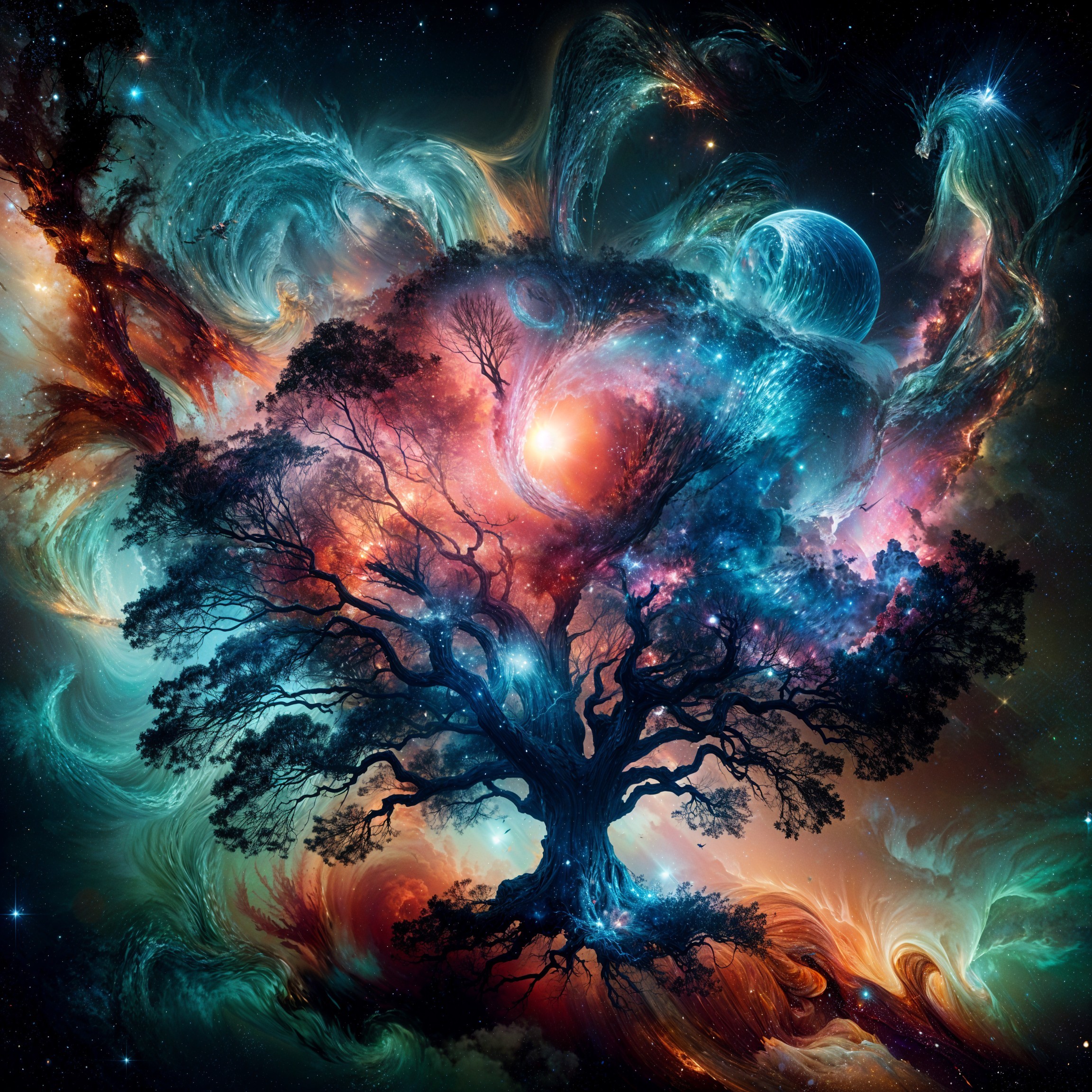 Cosmic Landscape with Tree and Vibrant Galaxies
