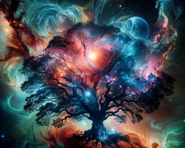 Cosmic Landscape with Tree and Vibrant Galaxies