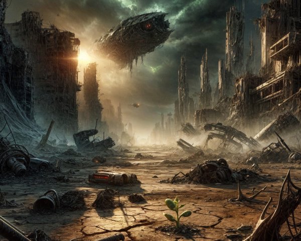 Post-Apocalyptic Landscape with Hopeful Green Sprout