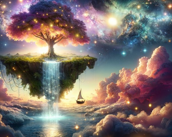 Surreal Landscape with Floating Island and Waterfall