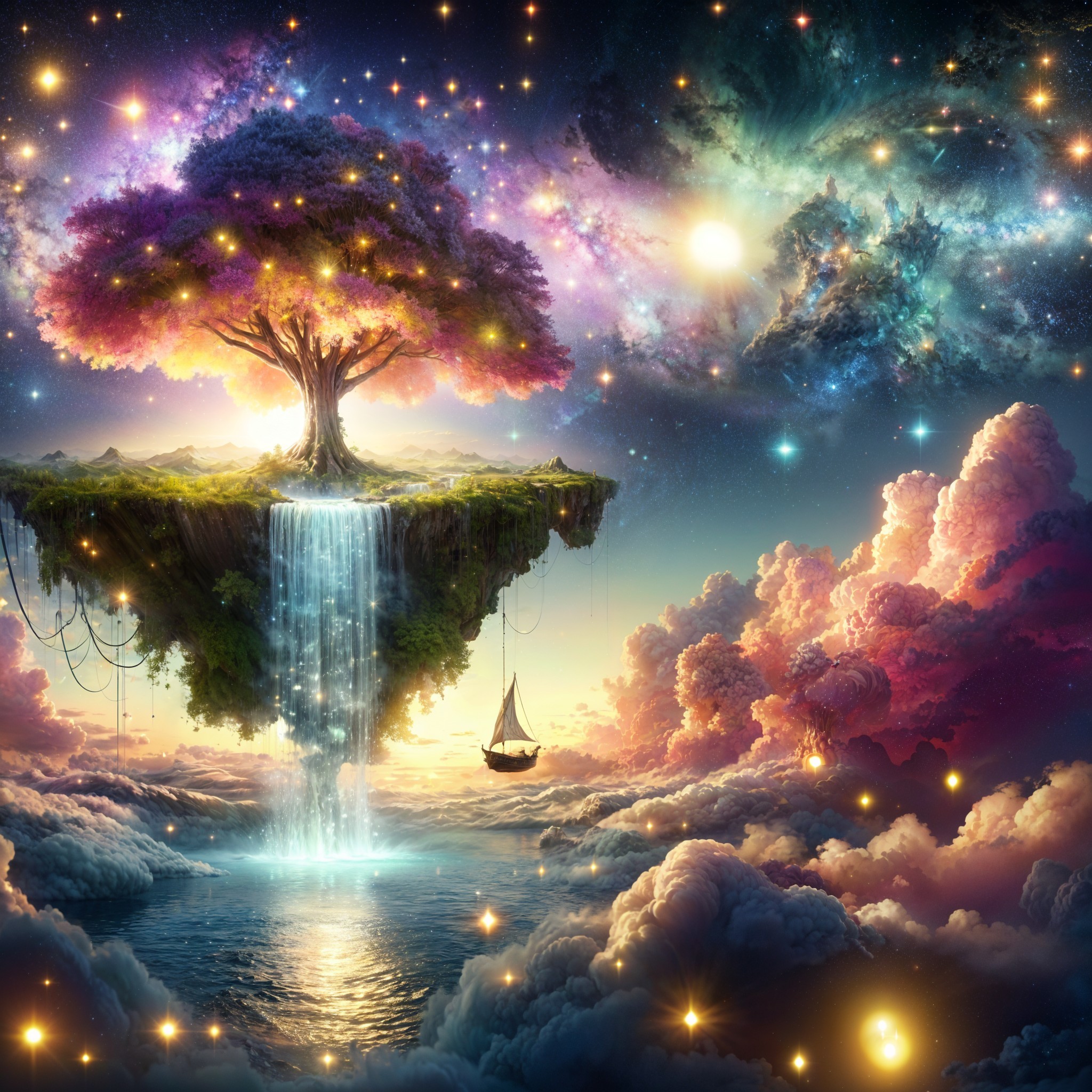 Surreal Landscape with Floating Island and Waterfall