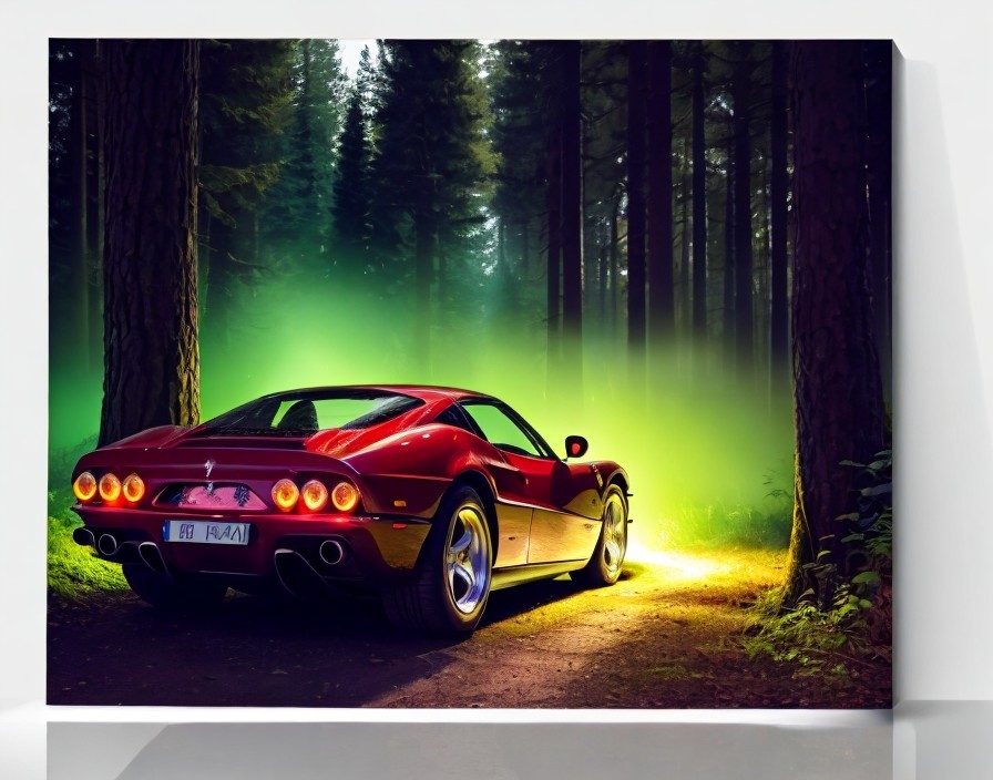 Red sports car in misty forest with sunlight filtering through trees