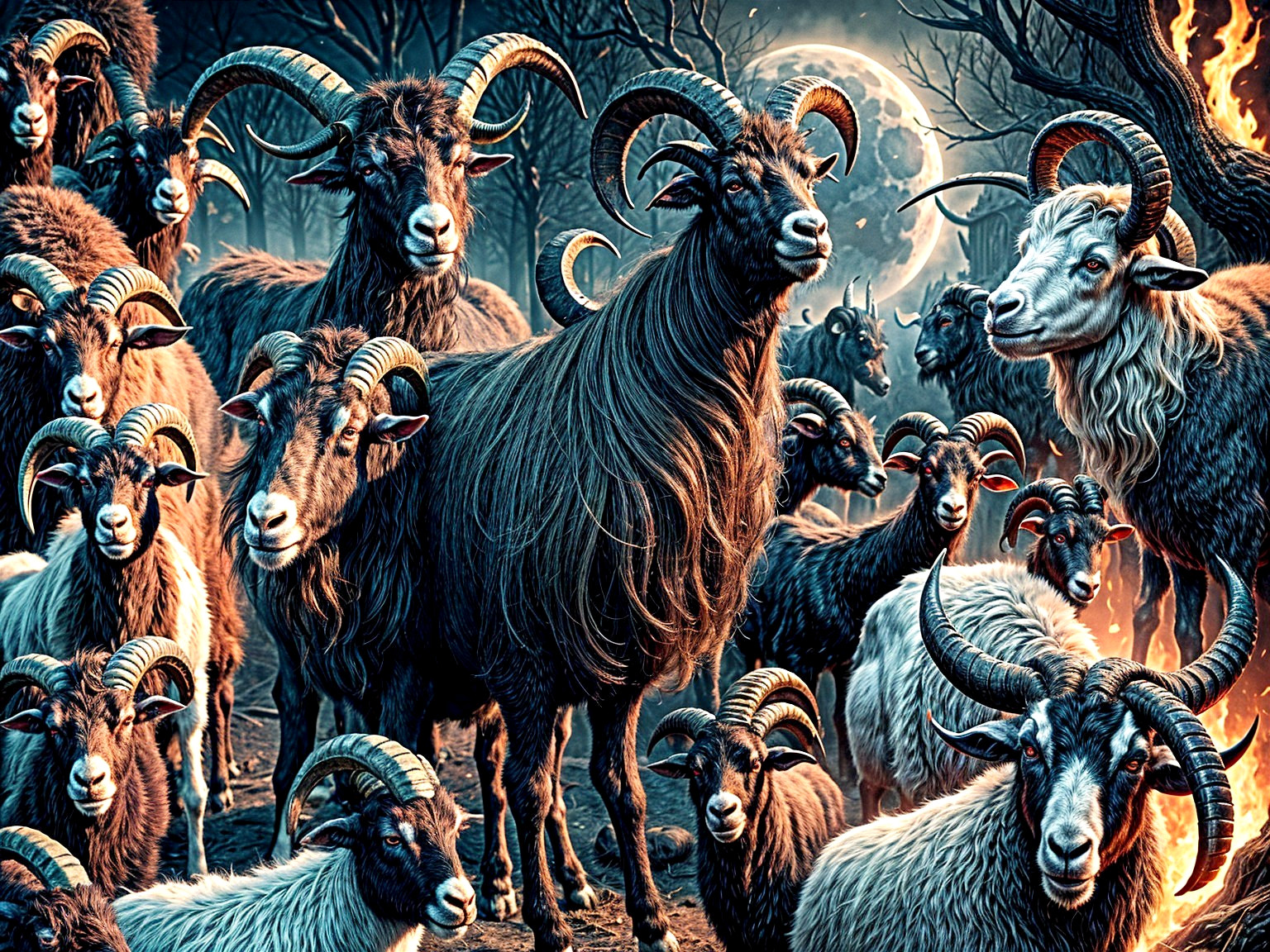 Sheep and Rams in a Dark Forest Under Full Moon
