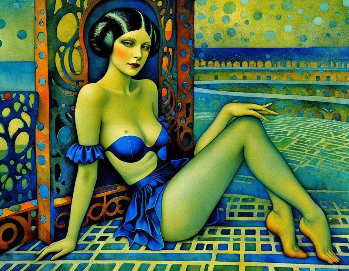 Stylized Woman in Blue Bikini Against Geometric Backdrop