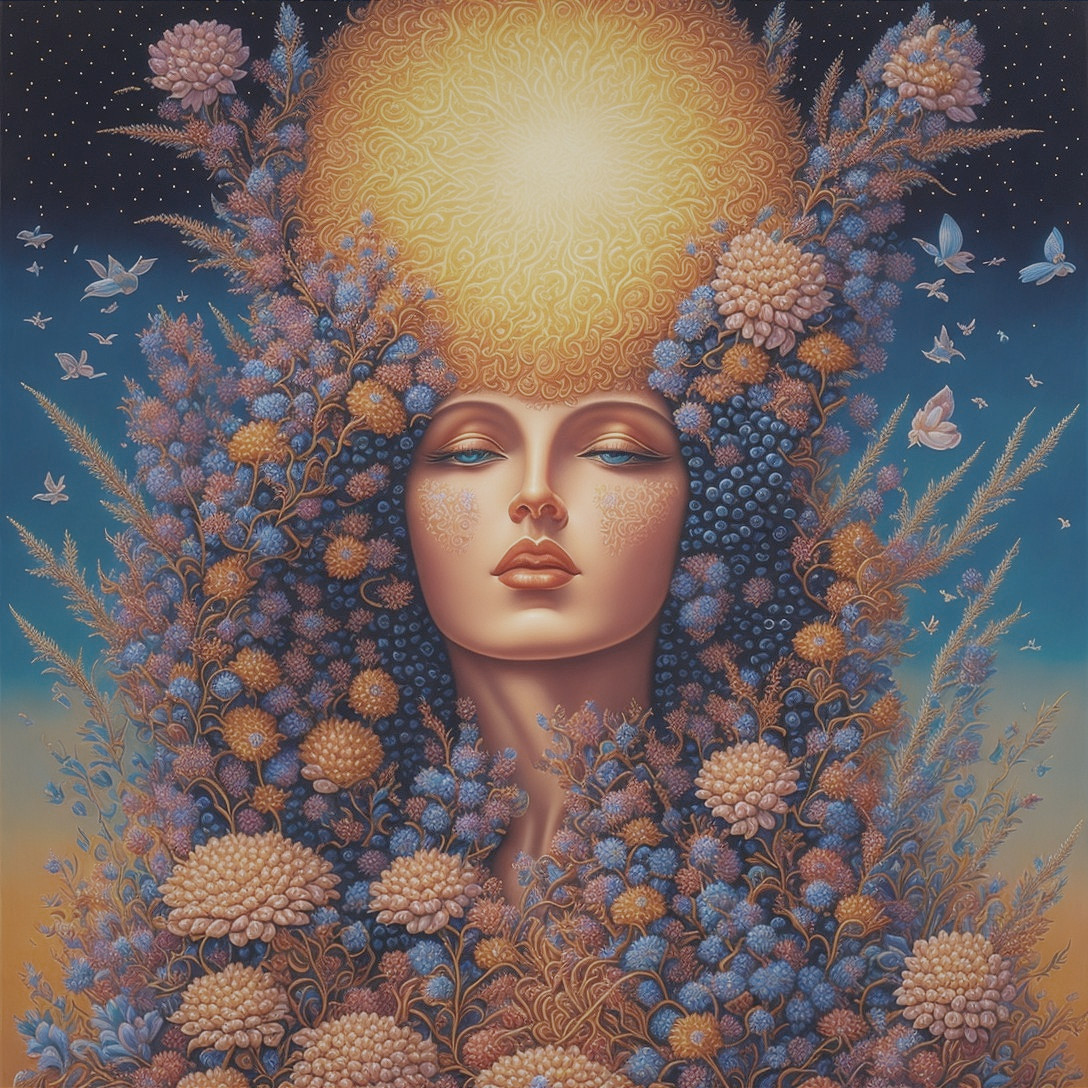 Serene Woman Surrounded by Vibrant Floral Elements