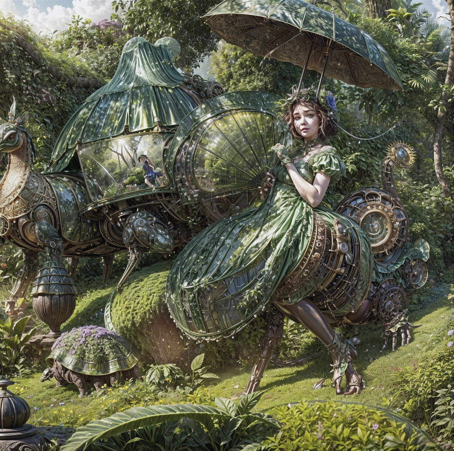 Woman in Green Dress Beside Mechanical Tortoise