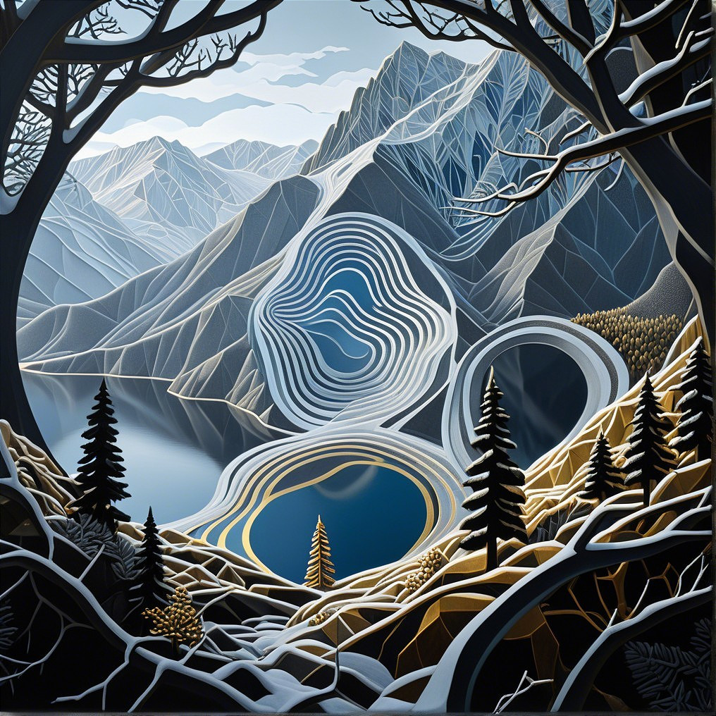 Abstract Landscape with Mountains and Reflective Lake