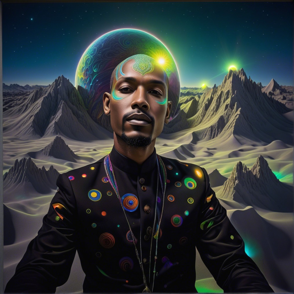 Man in Cosmic Outfit Against Surreal Landscape