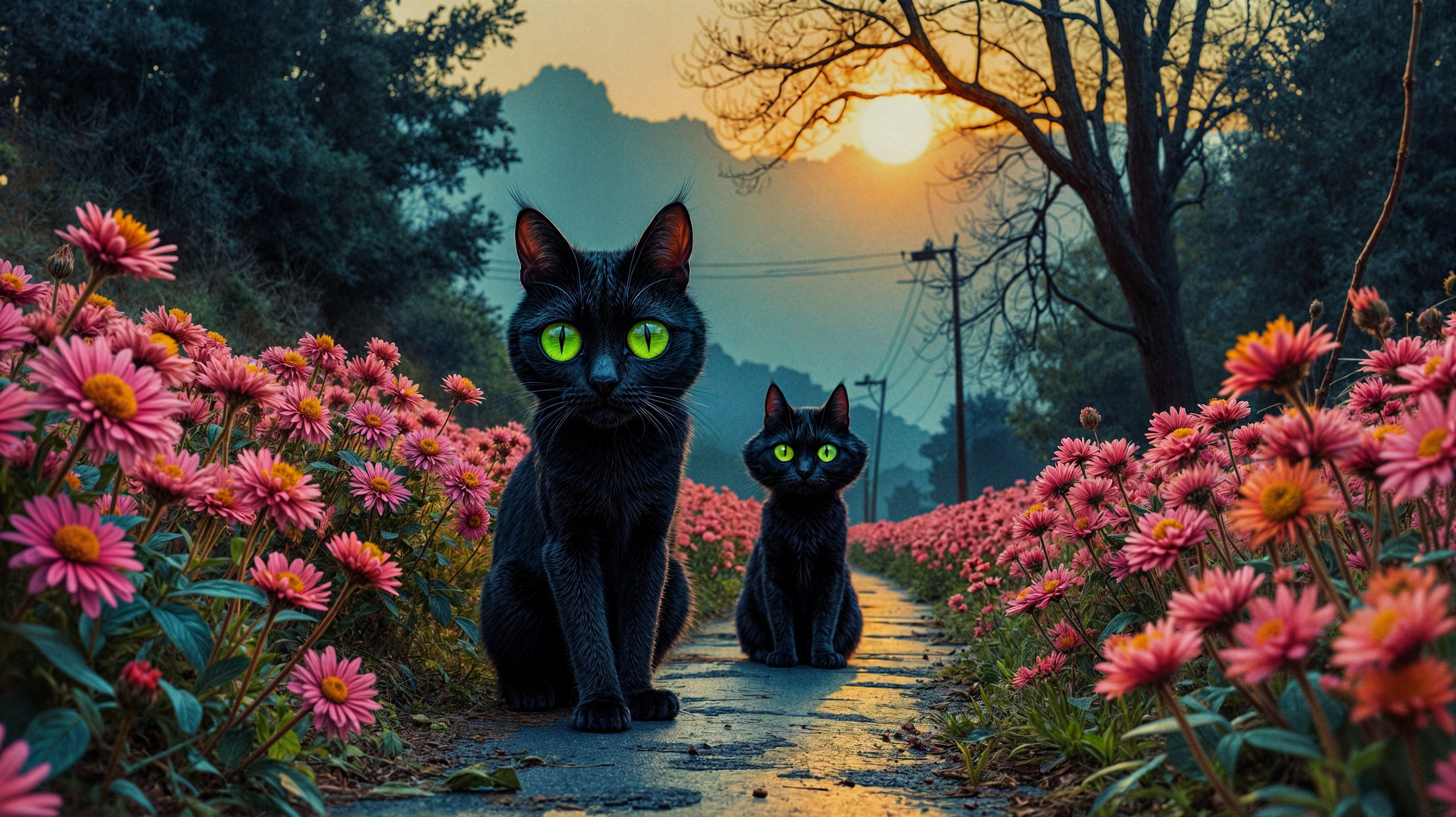 Black Cats on Cobblestone Path with Pink Flowers