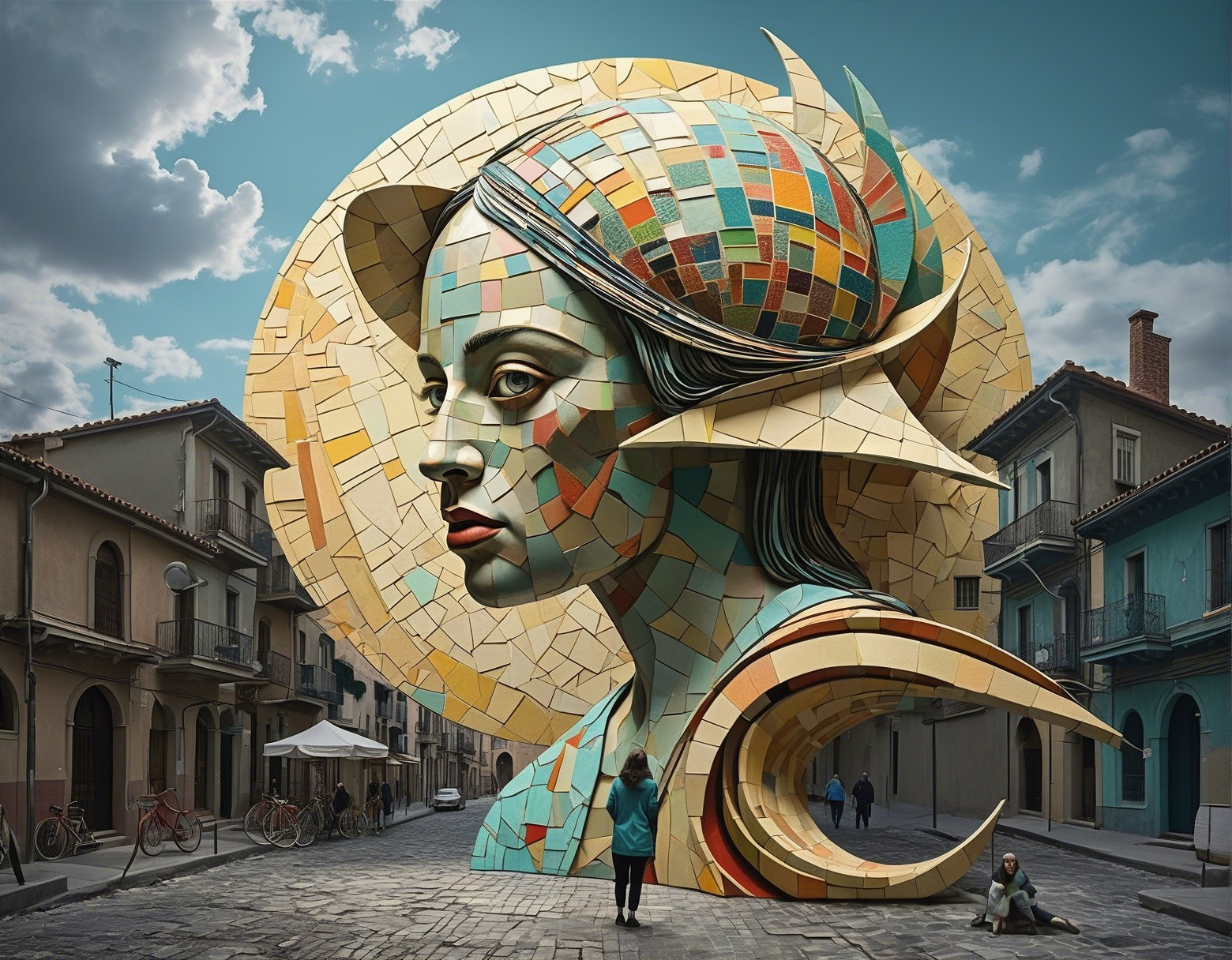 Oversized Mosaic Sculpture of Woman's Head in City