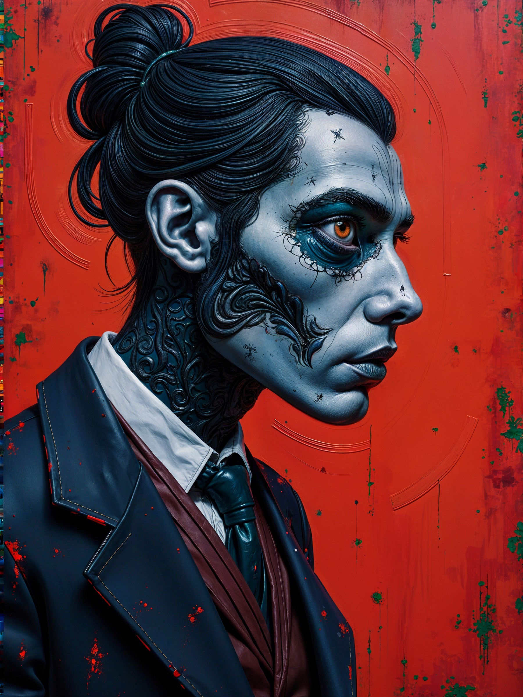 Intricate Figure with Facial Tattoos and Orange Eyes