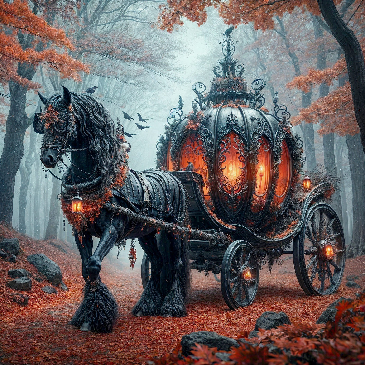 Ornate Black Pumpkin Carriage in Mystical Forest