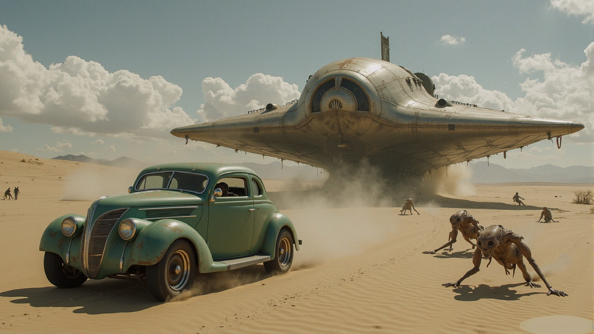 Old Green Car in Desert Under Futuristic UFO