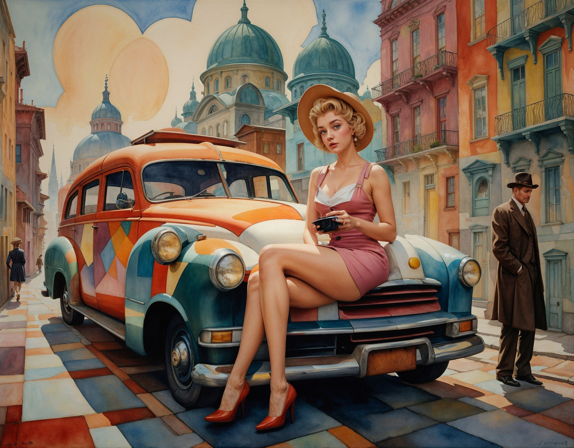 Retro Cityscape with Stylish Woman and Vintage Car