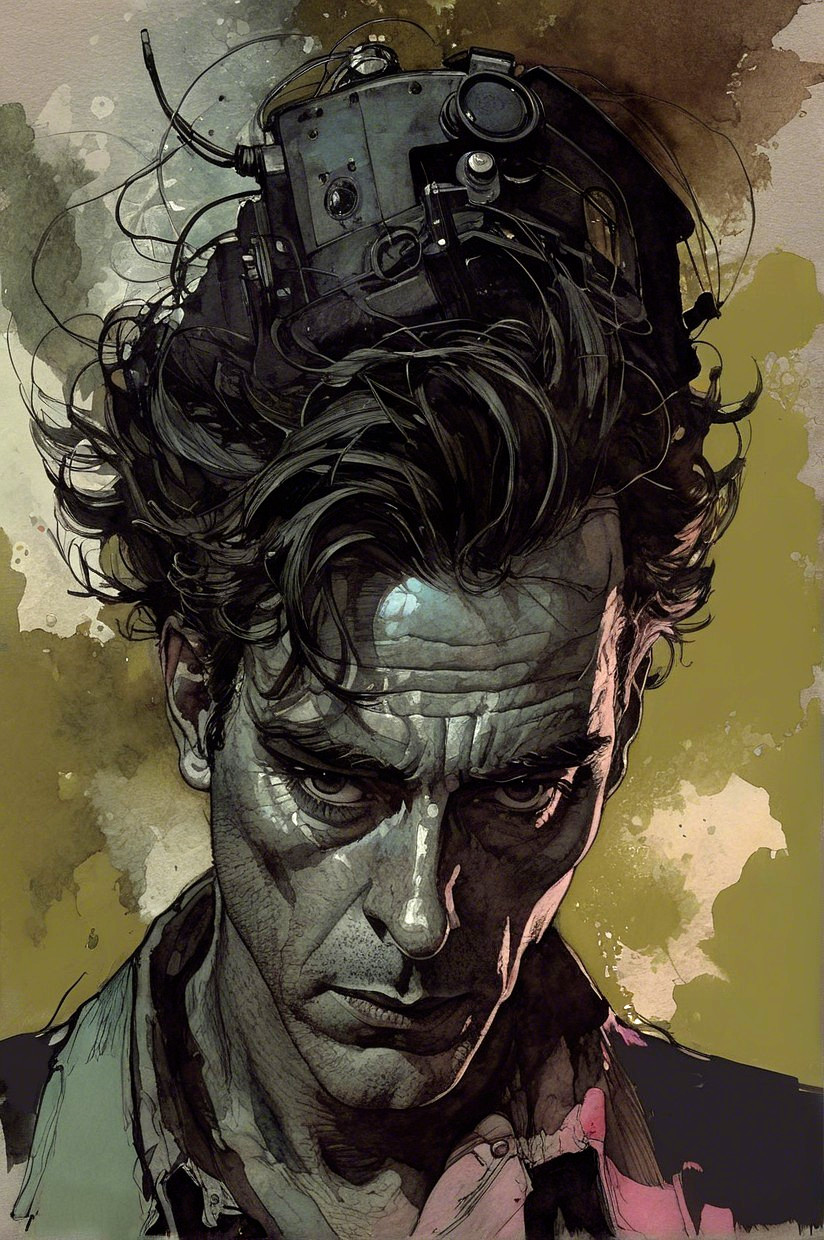 Somber Man with Vintage Device and Abstract Background